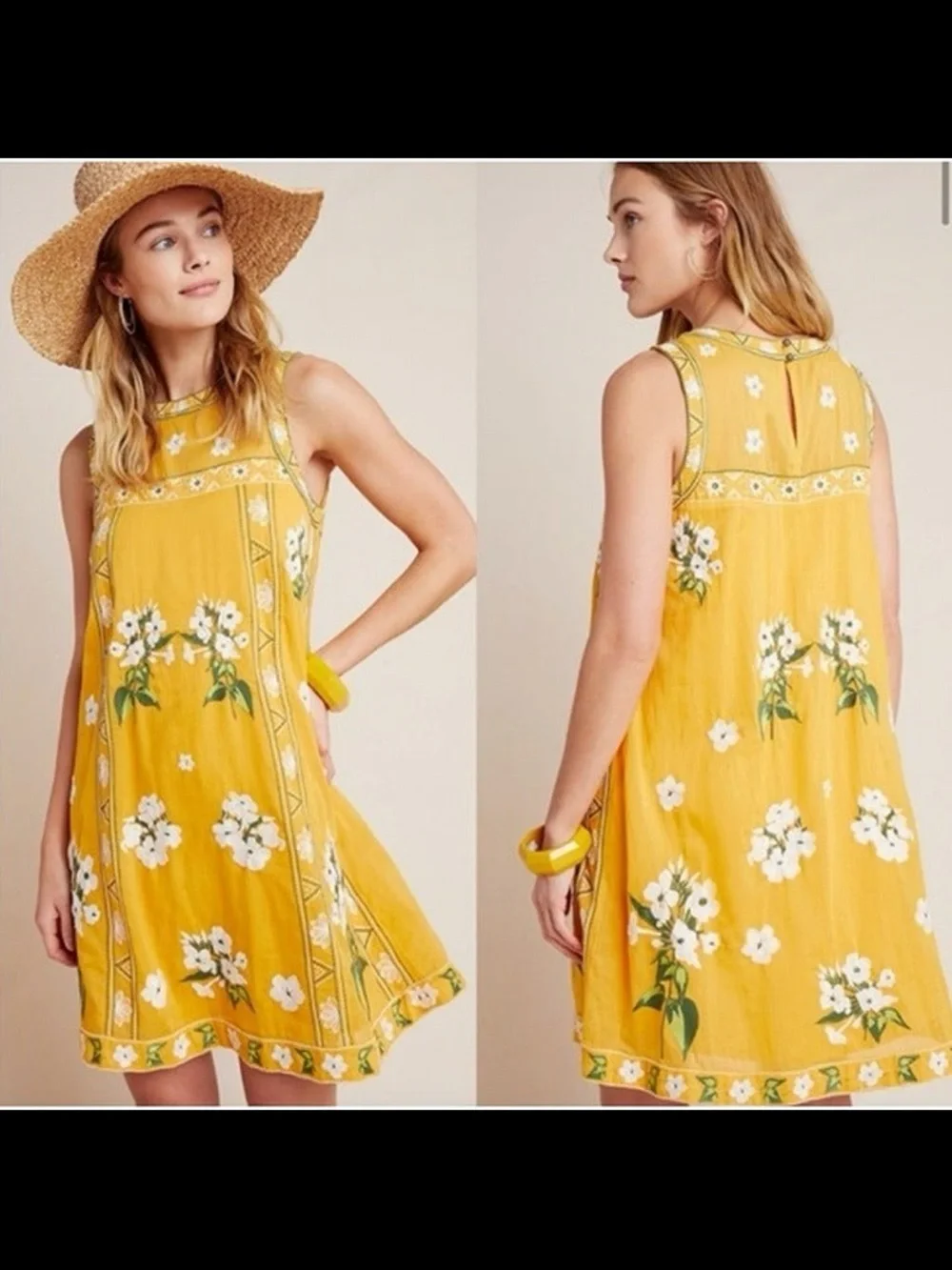 Anthropologie Shana Yellow Sleeveless Embroidered Swing Dress Womens Size 2 - Picture 3 of 10